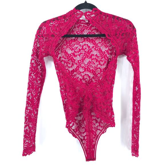 Victoria Secret Coquette Mock Neck Red Lace Unlined Bodysuit Snap Closure XS - Picture 8 of 15